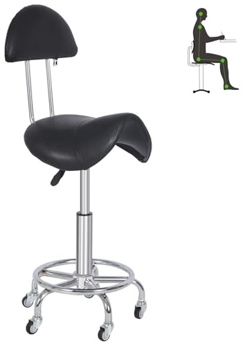 REDCAMP Sattelhocker mit Rollen & Rückenlehne | Ergonomischer Bürohocker 360° Drehbar | Höhenverstellbar (50-66 cm) | 180kg Traglast | Silent-Rollen für Küche Massage Büro | Schwarz