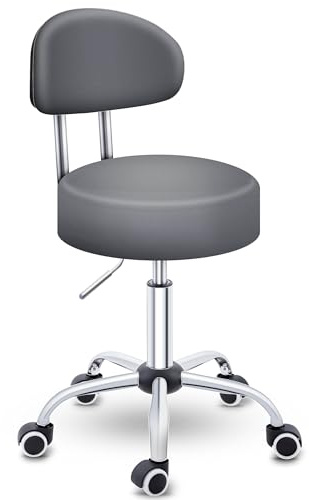 TRESKO® Rollhocker mit Lehne höhenverstellbar 10cm Dicke Polsterung Drehbar | Hocker 46-58cm | Arbeitshocker Bürohocker 360° mit Rollen | Drehhocker für Büro, Werkstatt, Kosmetik, Friseur, Praxis