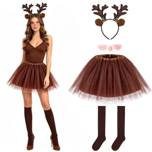 Hifot Rentier Kostüm Damen Rentier Haarreif und Tüllrock Temporäre Tattoos Socken Weihnachtskostüm Reh Kostüm Tierkostüm Erwachsene für Halloween Weihnachten Cosplay