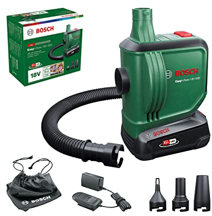 Bosch elektrische Luftpumpe/Luftpumpe für Luftmatratze EasyInflate 18V-500 (1x 2,0 Ah Akku; 18 Volt System; zum Aufblasen und Entleeren; im Karton)