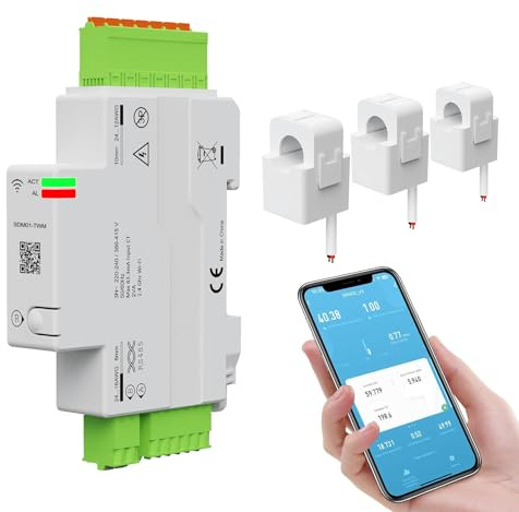 Yasorn 3‑Phasen Wi‑Fi Energiemessgerät 3×80A, Smart Energie Monitor, Echtzeit-Monitoring via Smart Life/Tuya App, DIN-Schiene, Alexa & Google kompatibel