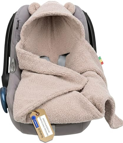 Einschlagdecke Baby Babyschale Kinderwagen Sommer Decke für Neugeborene & Babys bis max. 4 Monate Frühling & Herbst Kuschel-Bouclé Lammfell-Optik | Maxi Cosi Blanket | 3-5 Punkt-Gurte 80x80cm(Beige)