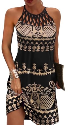 GRMLRPT Damen Ärmelloses Boho Sommerkleid Knielang Ethnischer Stil Elegant Bedruckt Mesh Retro Kleider Neckholder Freizeitkleid Damens Kleider Strandkleider(Mehrfarbig,S-XXL)