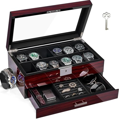 ANWBROAD 12 Slots Uhrenbox Herren Holz Watch Box 2-Tier Uhrenaufbewahrung mit Großem Glasdeckel Uhr Display Case Abschließbare Uhrenhalter Organizer für Geschenkable Fancy Uhrenhalter JWB001Y