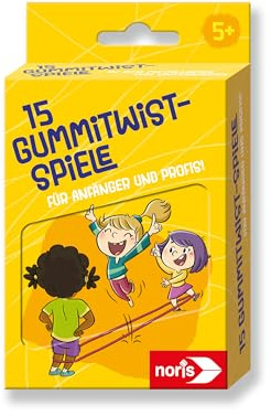 noris 15 Gummitwist-Spiele für Kinder ab 5 Jahre - Set aus Buntem Hüpfgummi und Spiel-Anleitungen in Blechdose für 3 Spieler, Outdoor-Spielzeug für Anfänger und kleine Profis