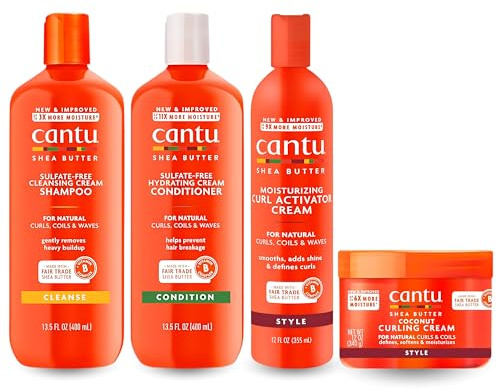 Cantu Coconut Curling Cream 12oz mit sulfatfreiem Shampoo & Conditioner 12oz & Sheabutter Feuchtigkeitsspendende Curl Activator Cream 12oz