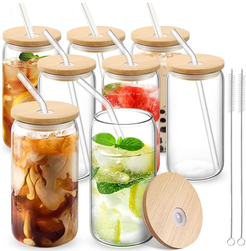 MEIMUCUL Trinkglas mit Strohhalm und Deckel,Eiskaffee Gläser 500ml | 8er Trinkgläser mit Deckel,Matcha Gläser,Glasbecher mit Deckel und Strohhalm ideal für Smoothie,Latte,Macchiato,Whiskey