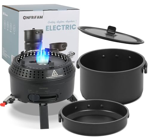 Camping Kochgeschirr Set für 2-4 Personen, 2 IN 1 Elektro und Gaskocher, Kombiniere 700W Elektrische & 2200W Gas, Camping Geschirr Campingkocher für Wohnmobil, Drinnen, Draußen (1 Topf + 1 Pfanne)