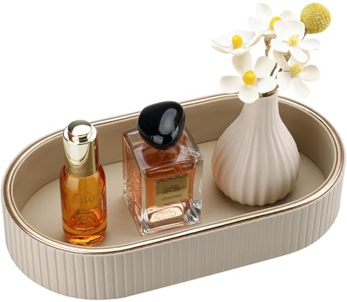 GORESE Badezimmer Tablett, Leder Oval Deko Tablett Schmuckablage Vanity Ablageschale Taschenleerer Tischtablett für Schminktisch,Seifenspender,Toilette, Badewanne, Kerzen, Küchenspüle(Beige)