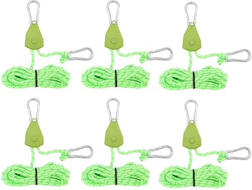 Kellegour 6 Pcs Reflektierend Abspannseile,Seil Ratsche Kleiderbügel Aufhänger,Ø4mm Seil Ratsche mit Haken,Rope Seilratsche mit Haken,für Zelten,Ventilatoren,Pflanzenleuchten(Grün,13.12ft/4M)