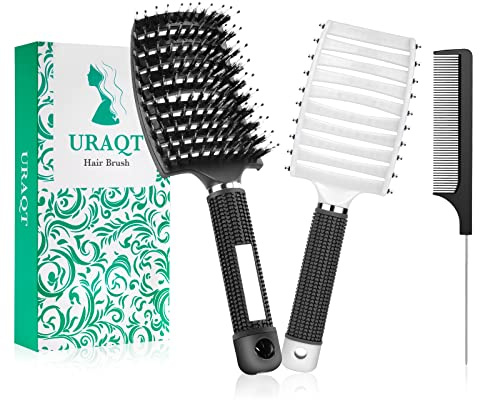 URAQT Haarbürste, 2 Stück Profi Entwirrungsbürste, Haarbürste ohne Ziepen | Wildschweinborsten Haarstyling Bürste mit Haarkamm für Lange Feine Dicke Lockige Haare, ohne Ziepen (schwarz+weiß)