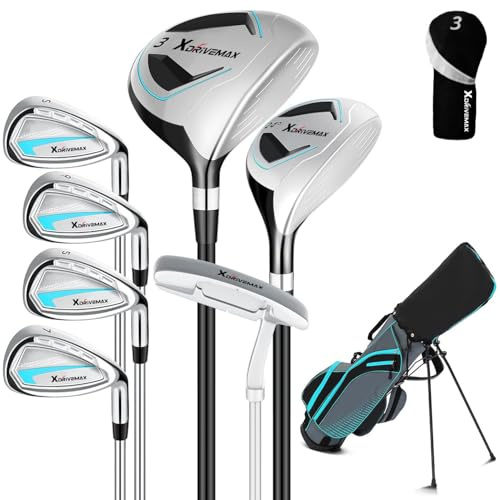 XDriveMax Komplettes Herren Damen Golfschläger Set,8 Teilige Golf Set Linkshänder/rechtshändig,Inklusive Stand Bag mit Regenhaube,3# Fairway Wood mit Head Covers, 5# Hybrid, 5#7#9#S# Eisen und Putter