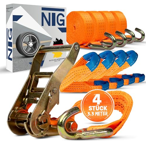 4 Stück Spanngurt für Auto Transport | 35mm | Länge 3300 mm | 3000 daN | Zurrgurt | Radsicherung | PKW | Reifengurt | Trailer | NFZ | Anhänger | 35 mm