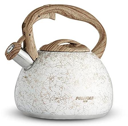 Poliviar Wasserkessel Induktion Edelstahl, Weißes Gold, 2.7L | Pfeifkessel, Für alle Kochplatten, Flötenkessel mit Holzmaserungsgriff, Für Tee & Kaffee