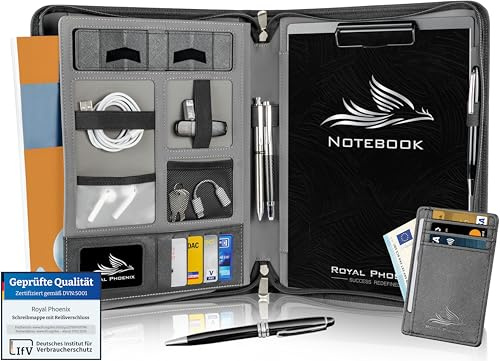 Royal Phoenix® Business Schreibmappe A4 'Eagle' - Hochwertige Dokumentenmappe mit Tablet Halterung - inkl. Kreditkartenetui + EXTRAS - Business Organizer aus hochwertigem Kunstleder Schwarz
