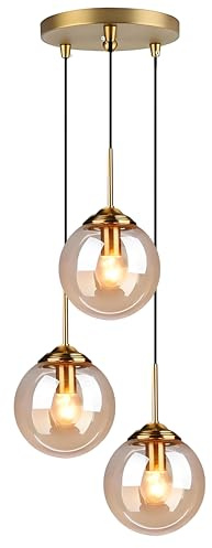 HJXDtech Industrielle Vintage Messing 3-Fläming Pendelleuchte Cluster, Bernstein Glaskugel Hängelampe Kronleuchter E27 Fassung Deckenleuchte für Küche Wohnzimmer