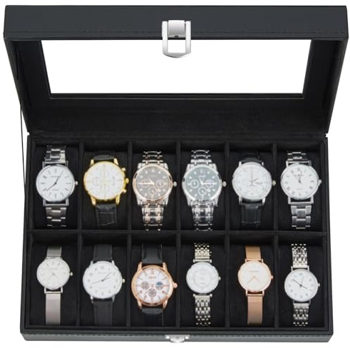 Ohuhu Uhrenbox mit 12 Fächern, Watch Box Uhren Aufbewahrungsbox mit Glasdeckel & Metallschnalle, Uhren Box aus PU Leder und Samt Innenfutter, Uhrenbox Herren Frauen, Geschenk für Geburtstag