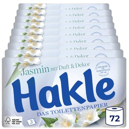 Hakle Toilettenpapier mit Jasminduft & Dekor - 72 Rollen, 3-lagiges Klopapier, 150 Blatt pro Rolle, WC Papier mit 60% recycelte Verpackung, FSC-zertifiziert