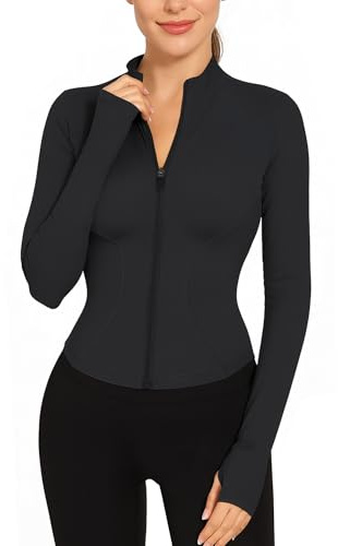 EIISSION Sportjacke Damen Laufjacke Sport T-Shirt Gym Top Oberteil Jacke Yoga Langarm Schwarz Weiß Trainingsjacke Winter Fitness Sportshirt Sweatjacke Reissverschluss Laufshirt mit Daumenloch