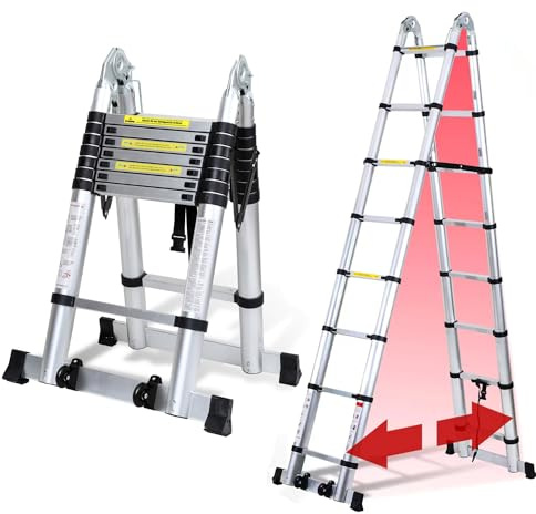 Joparri Teleskopleiter Klappleiter Aluminium, 5M Ausziehbare Leiter, Rutschfester Aluleiter Stehleiter Mehrzweckleiter Aluminiumleiter, Teleskop Ausziehleiter 150 kg Belastbarkeit