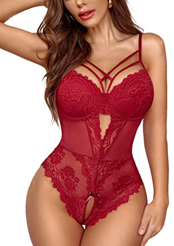 Avidlove Bodysuit Women Sexy Reizwäsche V-Ausschnitt Unterwäsche Curvy Dessous Spitze One Piece Weinrot S