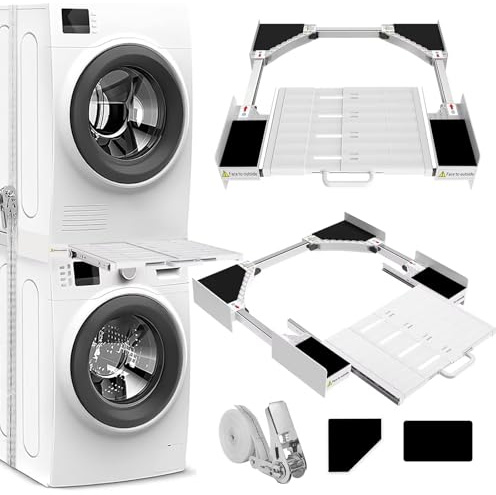 NIUXX Universal Zwischeneinbaurahmen Set für Waschmaschine und Trockner, Waschmaschinen Verbindungsrahmen Kit mit Regalbrett, Stapelbausatz mit Ratschenseil, Zwischeneinbausatz für Waschküche