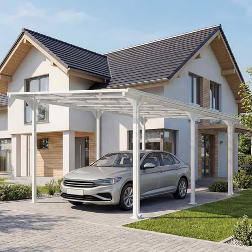 Mendler Alu-Carport HWC-O23 10cm-Gestell 3x6m - weiß | Autoüberdachung, Garage, Unterstand, Polycarbonat-Dach Regenrinne