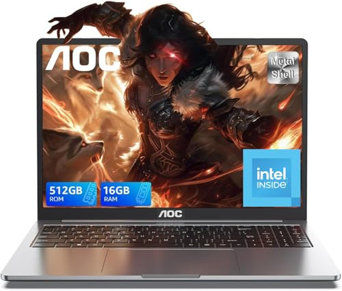AOC 15,6 Zoll Laptop,N95, Up to 3.4 GHz, 16 GB DDR4, 512 GB SSD (Supports Extension 2 TB), Notebook Computer, Metal Housing, 180° Rotation, HDMI, WiFi