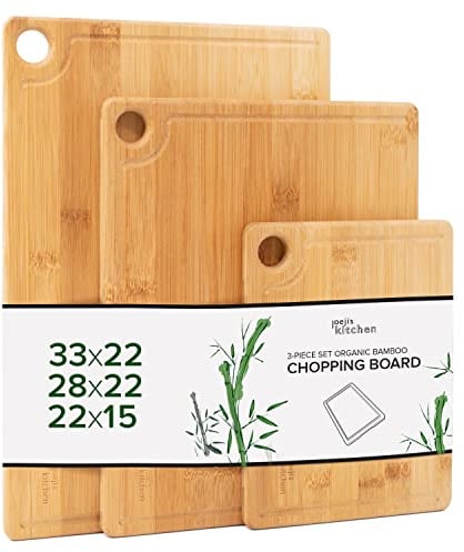 Joeji's Kitchen Set mit 3 Schneidebrett Holz - Robusten Bambus Schneidebretter optimal als Küchenbretter oder Holzbrett für die Küche - 20x15 cm 28x22 cm & 33x22 cm