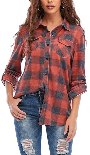 Timuspo Damen Kariertes Hemdbluse Knopfleiste Langarm Oktoberfest Bluse Karo Tunika Casual V-Ausschnitt Oberteile Flanellhemd Tops