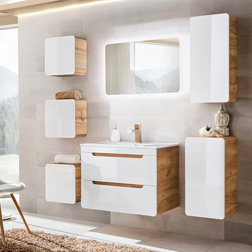 Lomadox Badezimmermöbel Set mit 81 cm Waschtisch & LED-Spiegel, Hochglanz weiß mit Wotan Eiche Nb., B/H/T ca. 180/200/46 cm