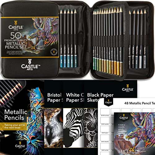 Castle Art Supplies 48 Metallic-Buntstifte-Set mit Extras für Profis | Wachskerne in schimmernden Farbtönen für erfahrene Künstler und Farbkünstler - im robusten Reißverschlussetui, mit Extras