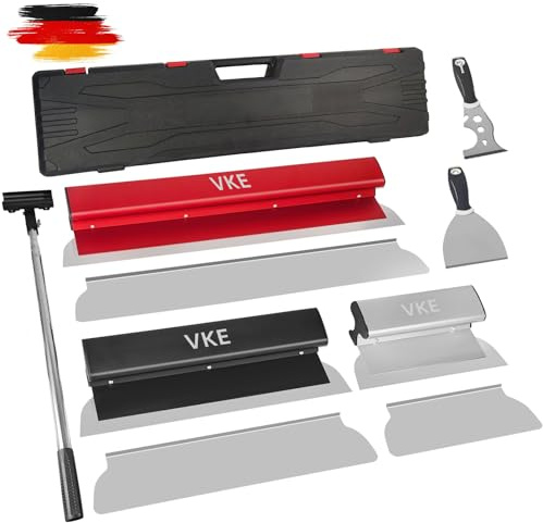 VKE Flächenspachtel Set Profi, 8 Arten Spachtel Set Werkzeug, Spachtel Werkzeugkasten und 1-2,1 m Lange Teleskopstange, 250/400/600 mm Rechtwinklige/Gebogene Winkelklingen