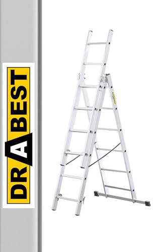 DRABEST - Home - Aluminium-Leiter - 3x6 Sprossen - Max. 2,97 m lang - Max. Arbeitshöhe 3,98 m - bis 150 kg - 3-teilig - Mehrzweck-, Steh-, Auszieh- Klappleiter - rutschfest - Verstellbar