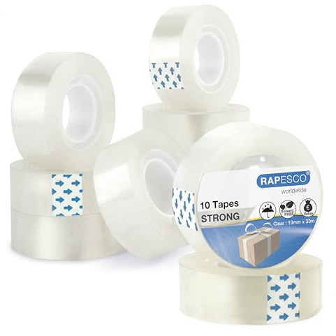 Rapesco 1807 Transparente Klebebandrollen, 19 mm x 33 m, 10 Stück | Klare Nachfüllpackungen