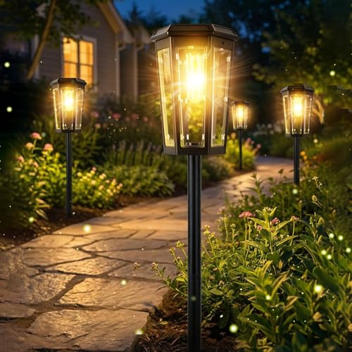 Solarlampen für Außen Garten, 6 Stück Moderne Solar Gartenleuchten für Außen, Auto Ein/Aus, IP65 Wassserdicht Solar Gartenlampen für Draußen Weg Garten Rasen Gehweg Terrasse Hof Gehweg, Warmweiß