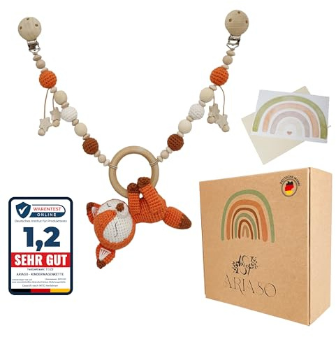 ARIASO® Kinderwagenkette aus Holz und Baumwolle gehäkelt, Kinderwagen Kette für Babys, Geschenk zur Geburt für Mädchen und Junge ab 0+ Monate inkl. Geschenkkarte- Fuchs