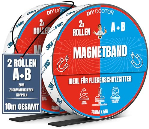 DIY Doctor Magnetband für Fliegengitter (10m) – Selbstklebende 5m + 5m A+B Polaritäts-Magnetstreifen – Zuschneidbar – Dünnes Magnetband für DIY-Projekte