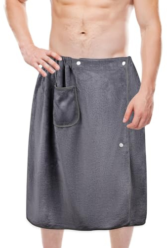 Maxmoc Saunahandtuch Herren,Verstellbare Saunatuch Herren,Großes Schnelltrockend Saunahandtuch,Mikrofaser Badetuch mit Druckknöpfe und Taschen für Fitnessstudio Dusche Sauna(70 X 140 cm,Grau)