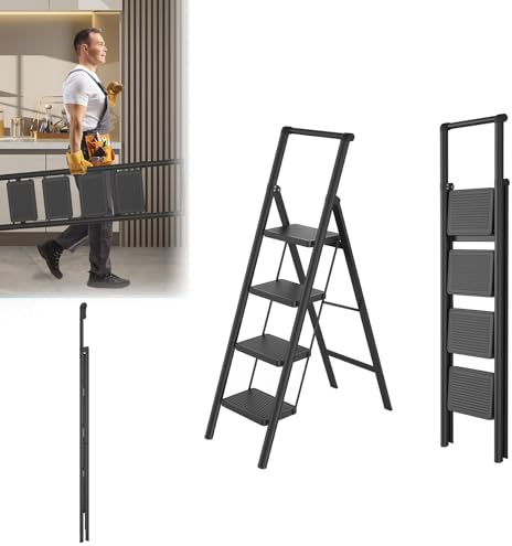 LARS360 4 Stufen Leiter Klappbar mit Handlauf, rutschfeste Haushaltsleiter, Klapptrittleiter für Haushalt, Büro, Tragbar und Stabil, Schwarz