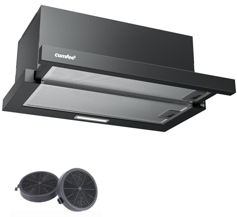 COMFEE' Flachschirmhaube 60cm Ausziehbar A+ Schwarz CHL03M21B | Umluft & Abluft, 400m³/h, Leise max. 63 dB, LED, Teleskop Einbauhaube zum Unterbau inkl. Aktivkohlefilter für kleine Küchen