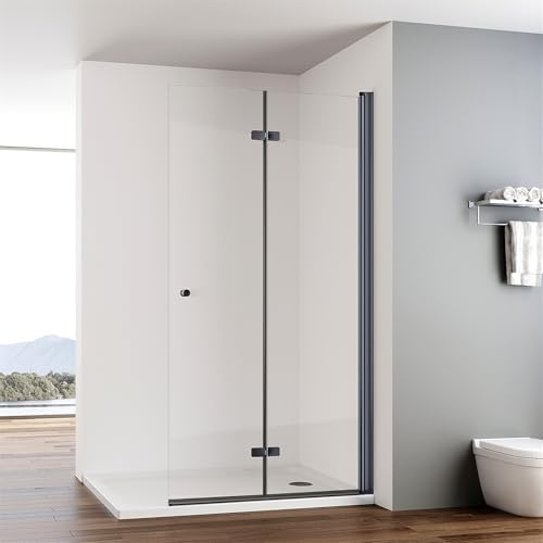 IMPTS walk in Dusche 100x185 cm Schwarz Duschwand Glas Duschabtrennung 2-teilig Faltbar Duschkabine Rahmenlos 6mm ESG Sicherheitsglas