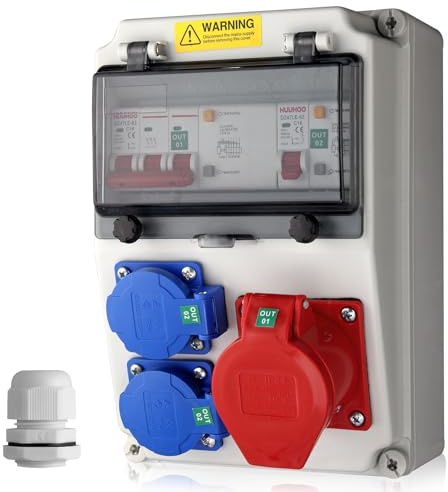 EYPINS Baustromverteiler mit LS+FI, Wandverteiler 2x 230V Schuko-, 1x CEE-Steckdose 16A Stromverteiler IP66 Wasserdicht, flammhemmende ABS Verteiler für Innen und Außen Werkstätten Fabriken