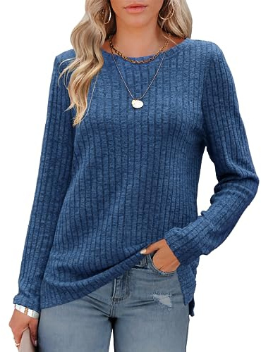 Odosalii Damen Pullover Rundhals Langarmshirt Side Slit Strickpullover | Weich Rippstrick Sweatshirt Lässige Oberteile Top