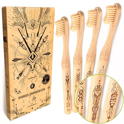 Nature Nerds - Bambus-Zahnbürsten im Set (4er Pack) / Härtegrad: Mittel/aus dem nachwachsendem Rohstoff Bambus