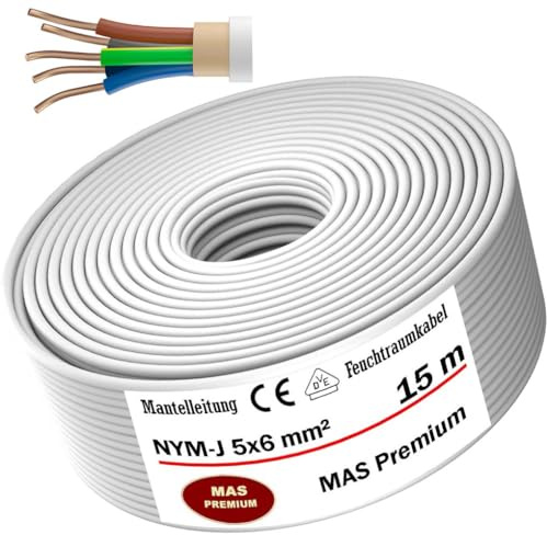 MAS Premium Feuchtraumkabel Stromkabel von 5m bis 50m Mantelleitung NYM-J 5x6 mm² Elektrokabel Ring für feste Verlegung (15m)