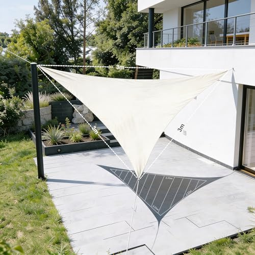 HAIKUS Sonnensegel Wasserdicht Dreieckig 3x3x3m Sonnenschutz Wasserabweisend Premium PES Polyester mit UV Schutz für Balkon Garten Terrasse Creme