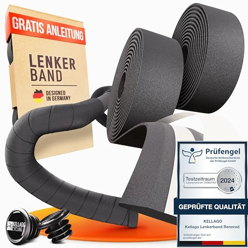 Kellago Lenkerband Rennrad schwarz, inkl. Kunststoff-Endkappen, Montage-E-Book & 4x Klebestreifen - Fahrrad Lenkerband - Griffband Rennrad Fahrradlenkerband