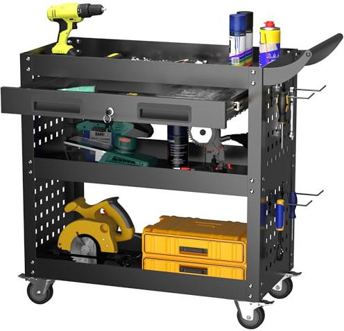 SUPEER Werkstattwagen Werkstatt-Rollwagen Montagewagen 78x35x70 cm,mit Abschließbare Schublade und Pegboard,4-Haken,Werkstätten,Lager Tragkraft 150 kg