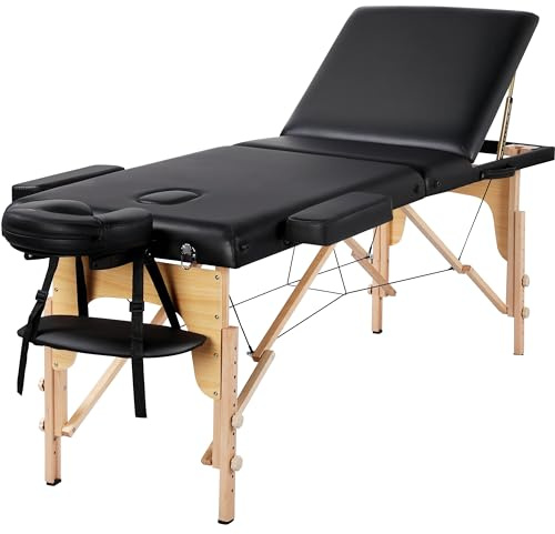 Yaheetech 3-Zonen Massageliege Tragbare Massagebank Höhenverstellbarer Massagetisch mit Kopfstütze und Abnehmbare Armlehnen für Physiotherapie, Schwarz